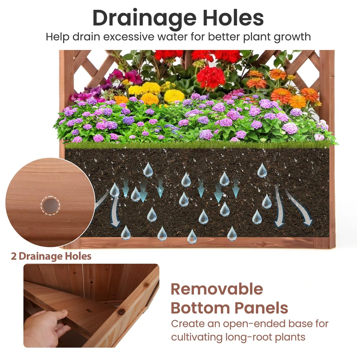 HOMASIS Fioriera con Grigliato per Rampicanti, Letto Rialzato in Legno con Vaso Angolare e Foro di Drenaggio, Fioriera da Esterno per Piante Rampicanti da Balcone, Giardino e Terrazza (Marrone)