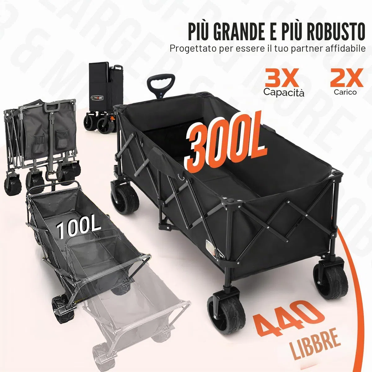 Overmont Carrello Spiaggia Pieghevole - 114CM Carrello da Giardino Pieghevole Esteso con Freni - 300L 200kg Carrelli da Trasporto con Ruote Grandi Tutti i Terreni - Ideale per Campeggio Shopping Sport