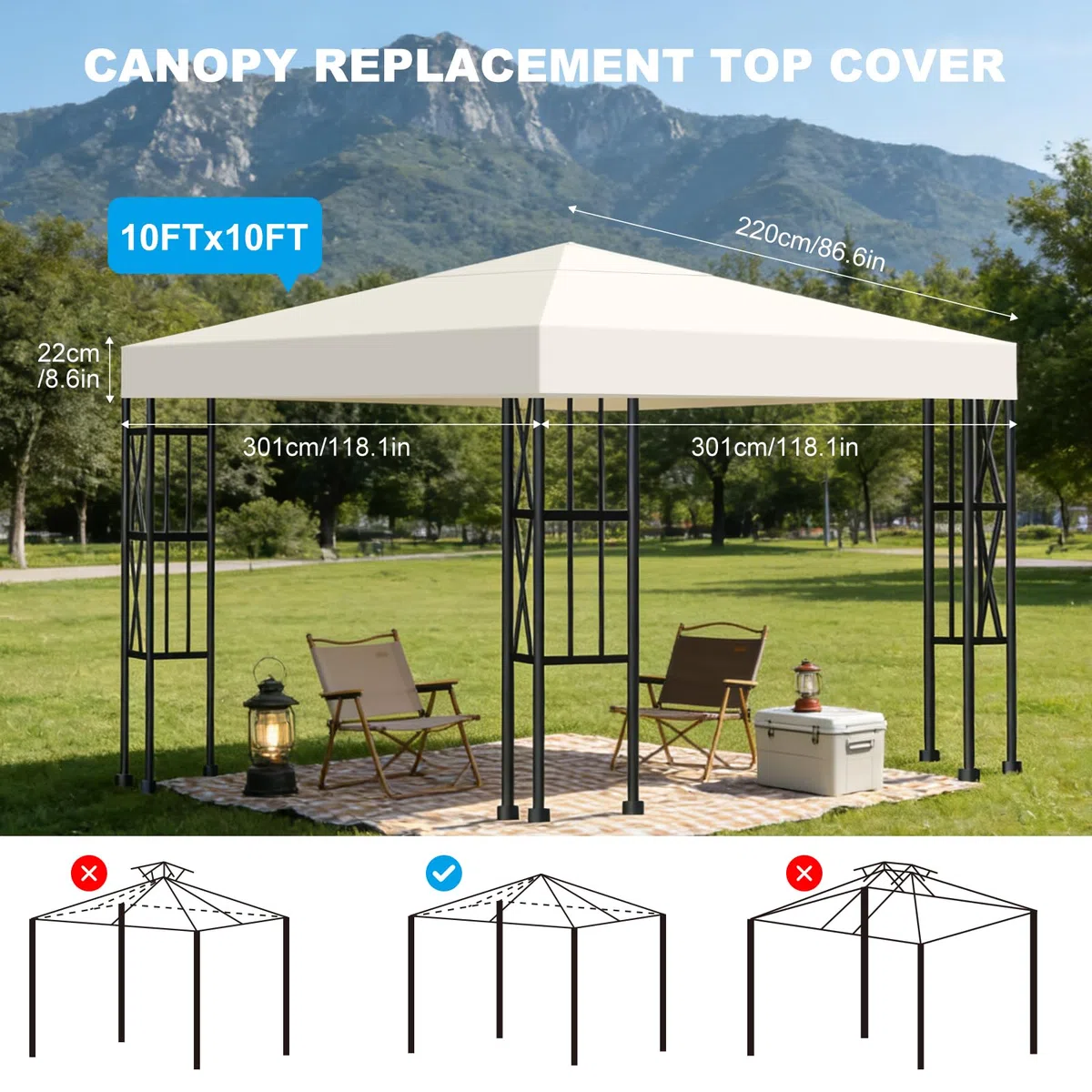 Telo di Ricambio per Gazebo 3x3m, Impermeabile e Anti-UV 300D, Copertura Rimovibile per Pergola con Fascette in Velcro Rinforzate, Ideale per Giardino, Terrazza, Campeggio e Spiaggia,Beige