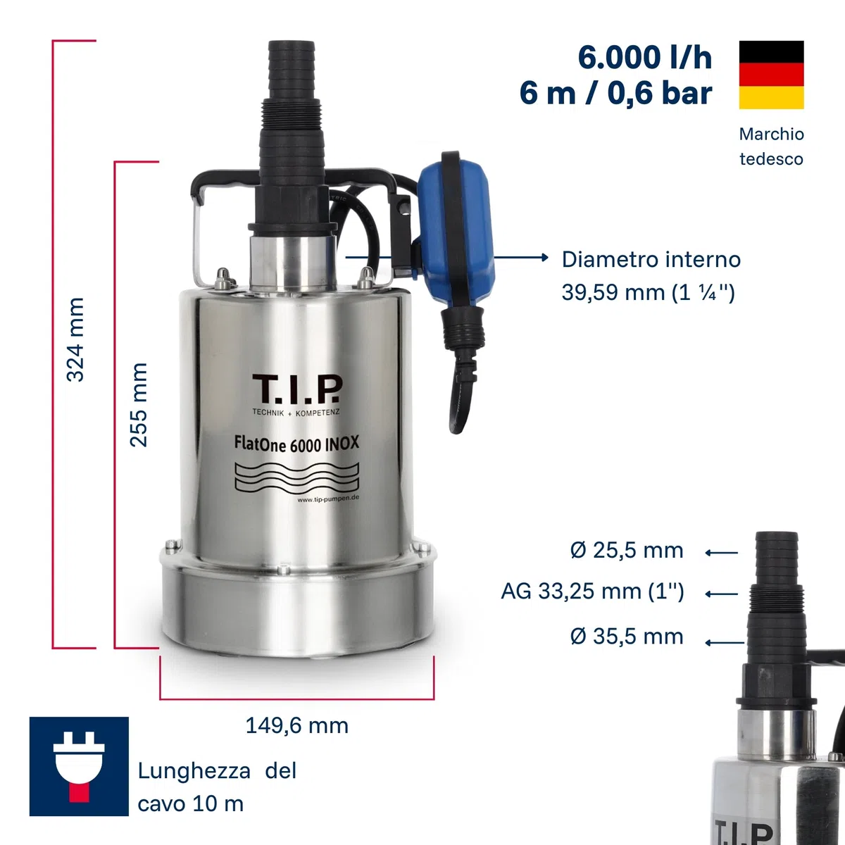 T.I.P. 30440 FlatOne 6000 INOX Pompa di dreggio e per piscine, aspirazione fino a 1 mm, portata fino a 6000 l/h, 22,5 x 16,5 x 27 cm