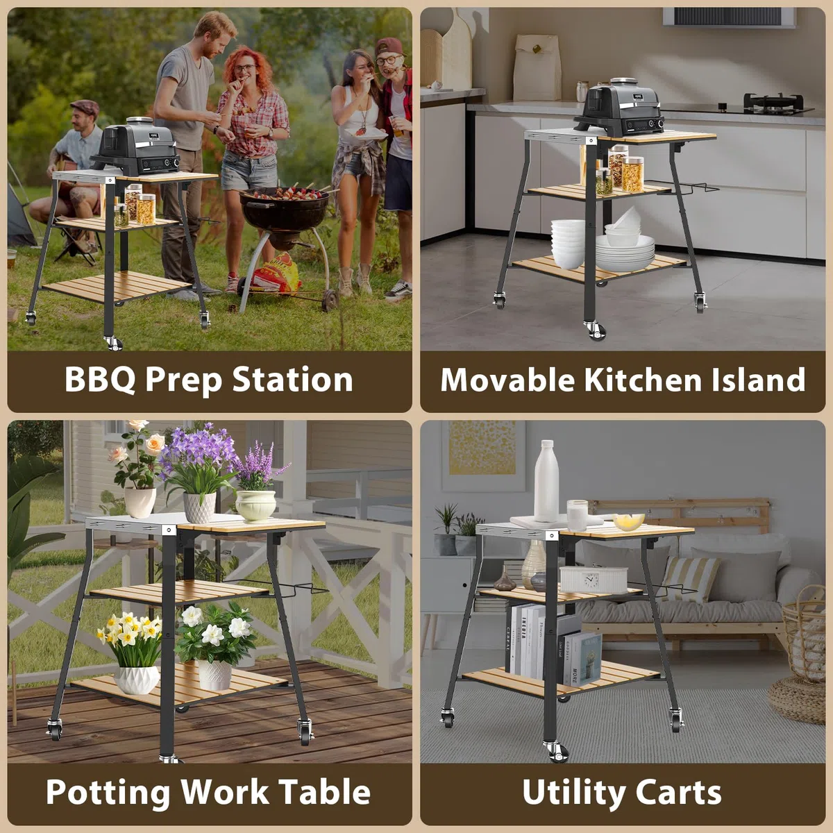 GFTIME Carrello per barbecue portatile universale, in acciaio inox, per barbecue Solo Stove & Ninja Woodfire Outdoor BBQ, supporto per barbecue con ripiani in WPC e ruote girevoli a 360°