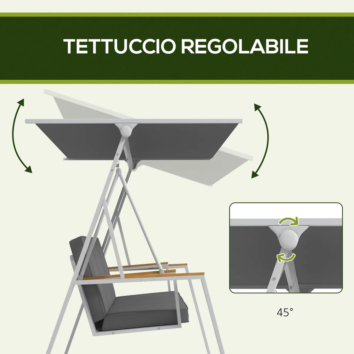 Outsunny Dondolo 3 Posti con Tettuccio Inclinabile e Cuscini, Dondolo da Giardino in Acciaio con Seduta Traspirante, 205x130x175 cm, Grigio Scuro