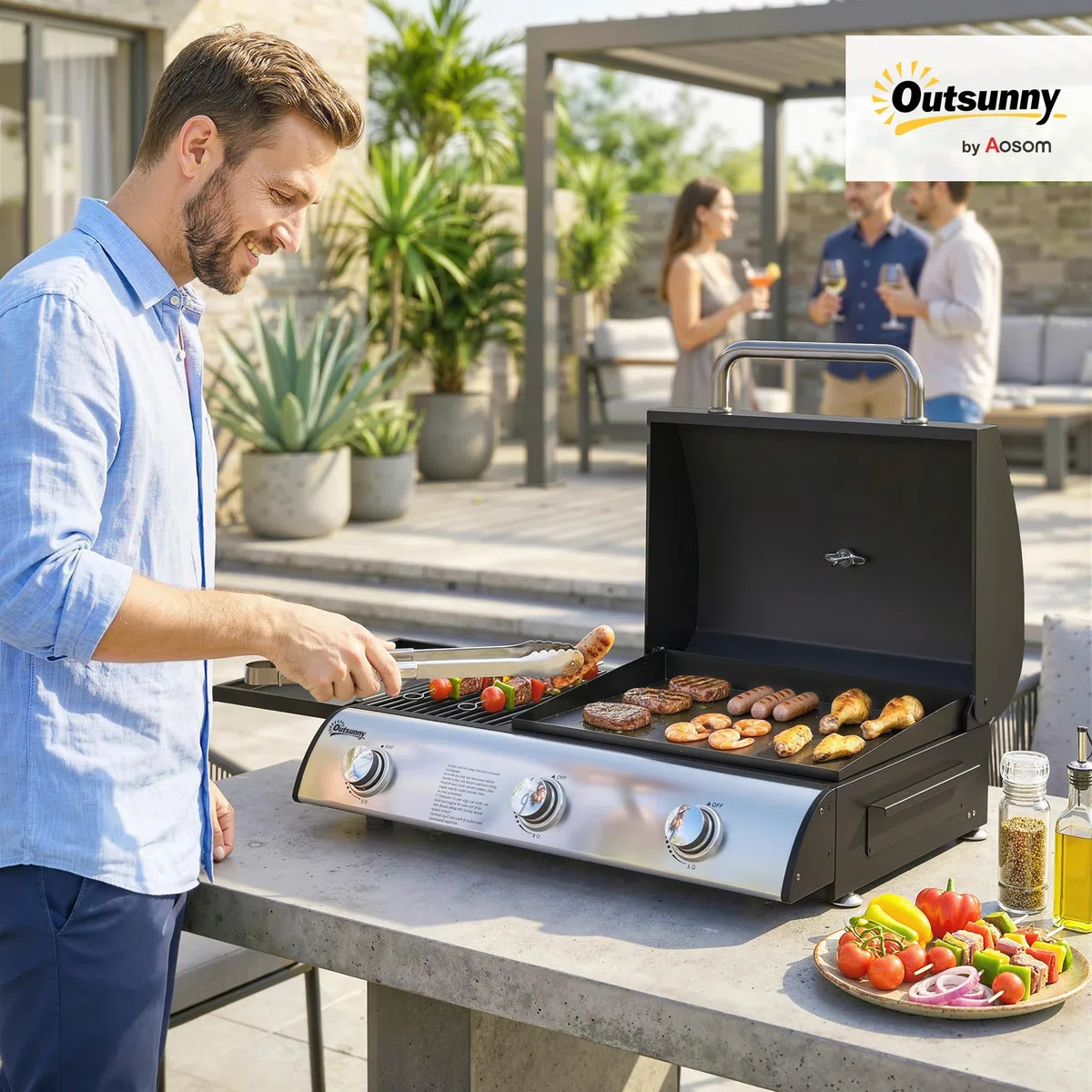 Outsunny Barbecue a gas 7,5 KW portatile da tavolo con 3 bruciatori, tavolo laterale, griglia smaltata, vassoio raccogli grasso, termometro, griglia a gas da tavolo, barbecue da picnic, per giardino