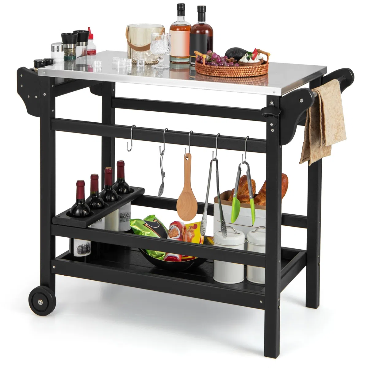 COSTWAY Carrello Barbecue da Esterno, Stand per Forno a Pizza con Piano in Acciaio Inox Vassoio e Portabottiglie, con Maniglia e Ruote per Cucina Giardino, Carico 150kg, 105x54x85 cm