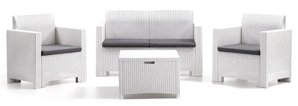 Generico Set Salotto sallottino da Esterno Nebraska in Rattan - BIANCO - per 4 Persone con 4 Cuscini Inclusi