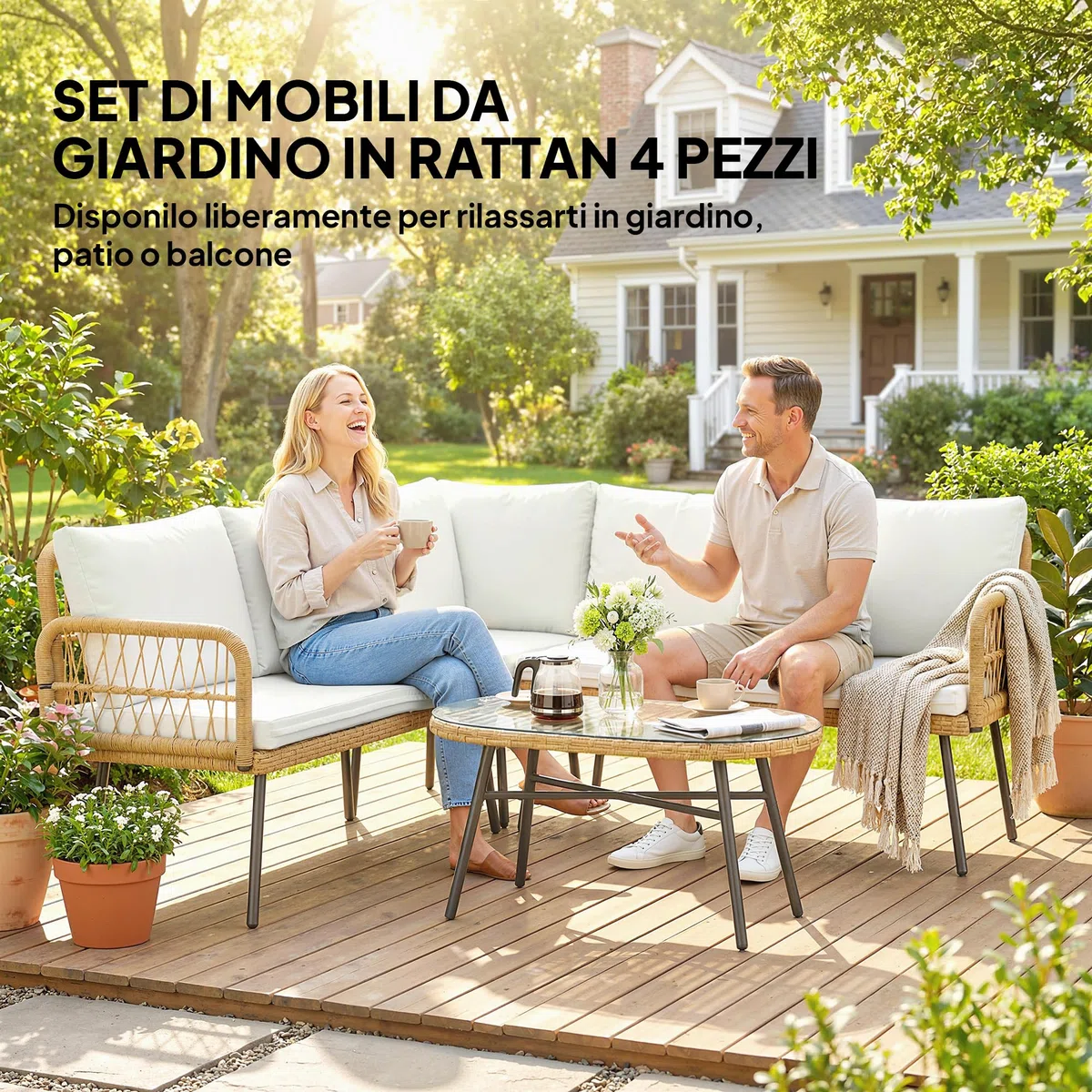 Outsunny Set Salotto da Giardino in Rattan 4 Pezzi, Salottino da Giardino Esterno ad L con 2 Divani 2 Posti, Angolo, Tavolino da Caffè, Cuscini, Struttura in Acciaio, per Balcone Patio, Naturale/Crema