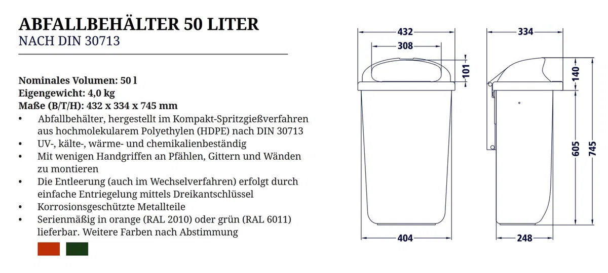 Pattumiera in plastica in RAL 6017 verde maggio, DIN 30713