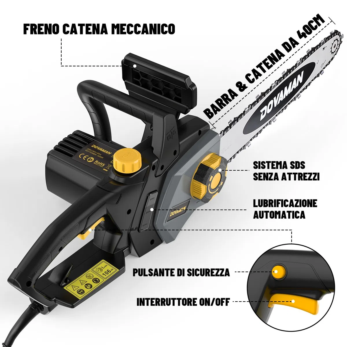 DOVAMAN 2400W Motosega Elettrica, 40cm Barra e Catena Oregon, Tensionamento Senza Attrezzi, Freno Sicurezza, 1 Catena Oregon e 1 Extra, Ideale per Legna da Ardere, Potatura e Uso in Giardino - DCS01A