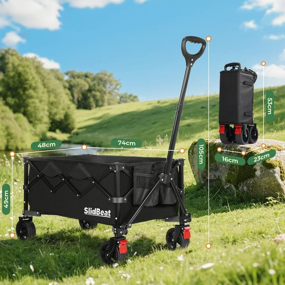 SLIDBEAT Carrello da Campeggio Portatile 120L, Carrello Spiaggia Ruote Grandi con Maniglia Regolabile, Carrello da Giardino Pieghevole Adatto a Tutti i Terreni