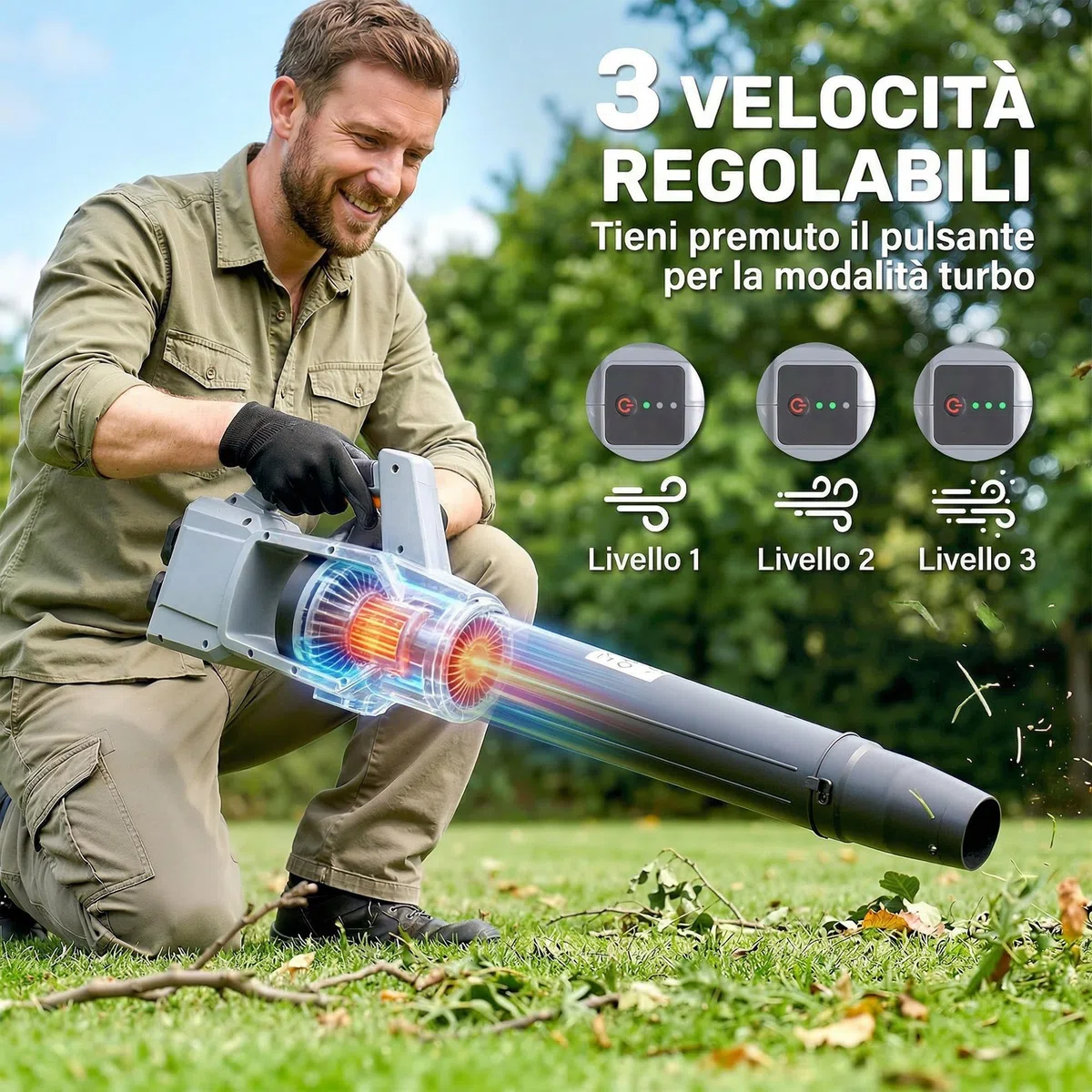 Outsunny Soffiatore a Batteria 36V, Soffiatore Foglie con 2 Batteria 4Ah, Motore Brushless 1000W, 3 Livelli Velocità 270 km/h, Turbo Boost, Caricabatterie, Leggero, per Giardino Foglie Neve Polvere