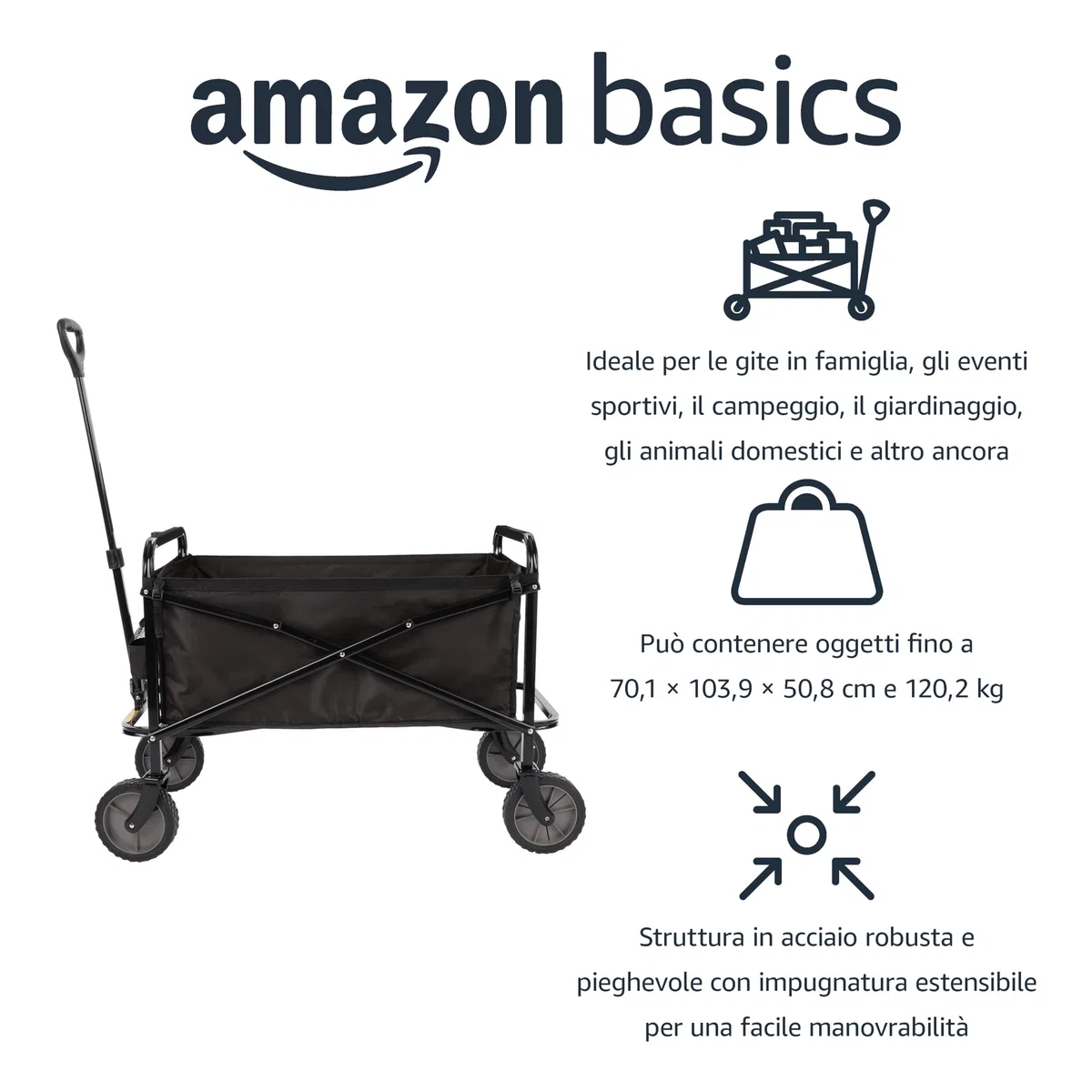 Amazon Basics Collezione Utensili da Giardino - Carrello da giardino, pieghevole, per esterni, con borsa di custodia, nero