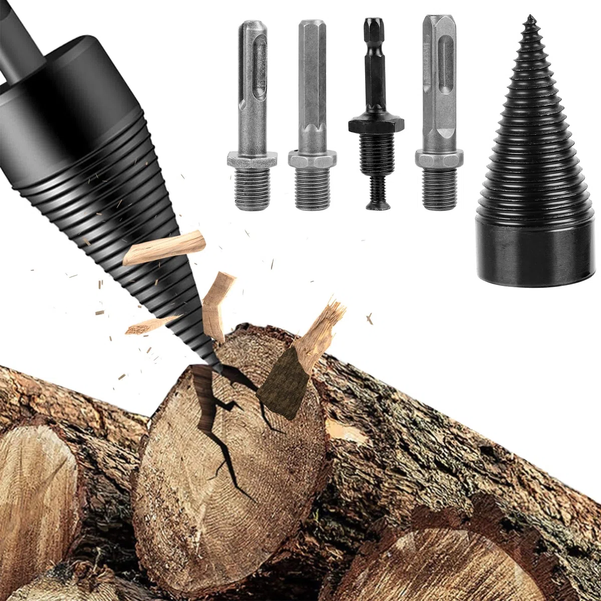 Spaccalegna per trapano, 42 mm, cono, spaccalegna con 4 maniglie, vite, cono, spaccalegna trapano, spaccalegna per legno, trapano a gradini in acciaio