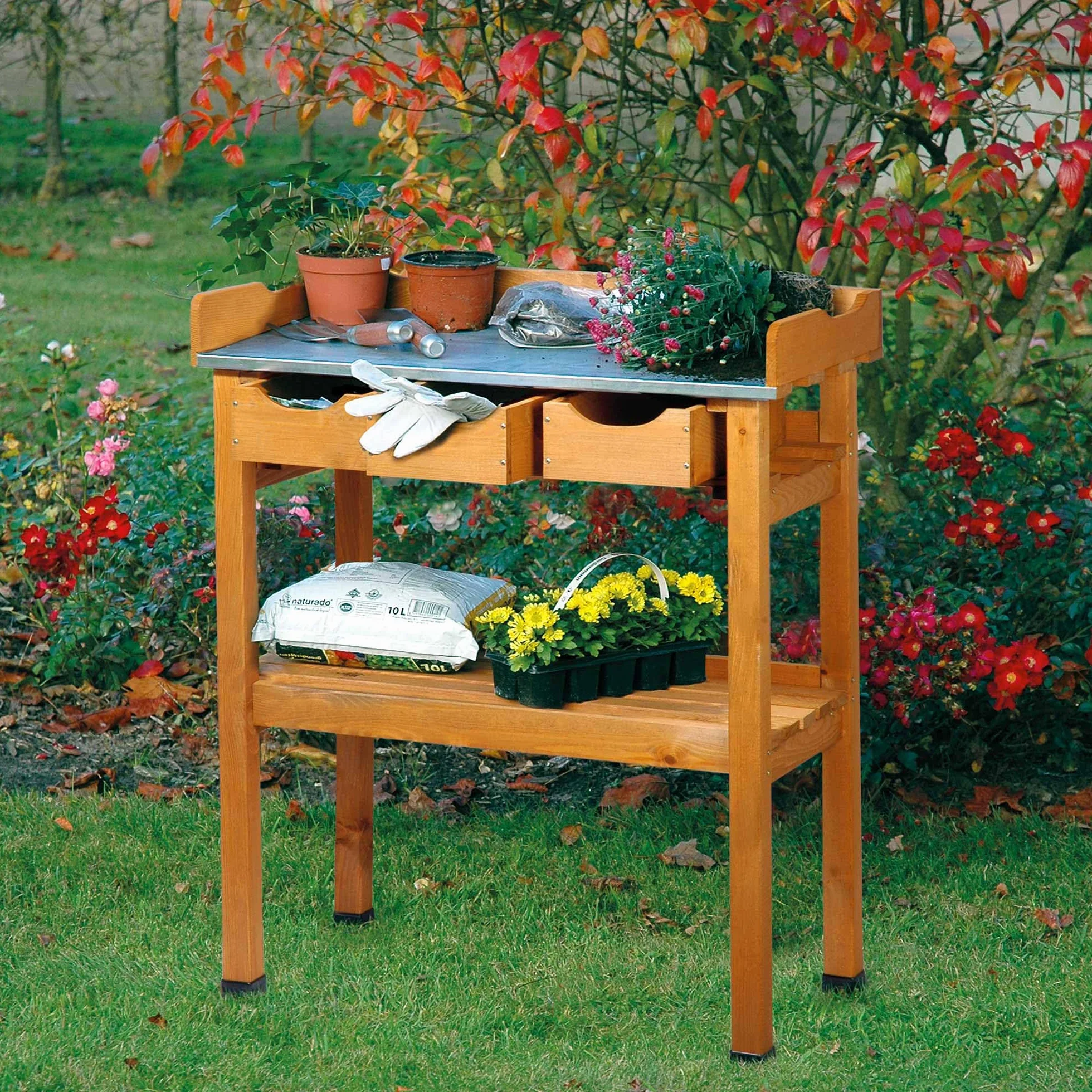 dobar 29030e Tavolo Pratico piantare con 3 cassetti e 2 Ripiani in Legno di Pino impregnato, 80 x 40 x 90 cm