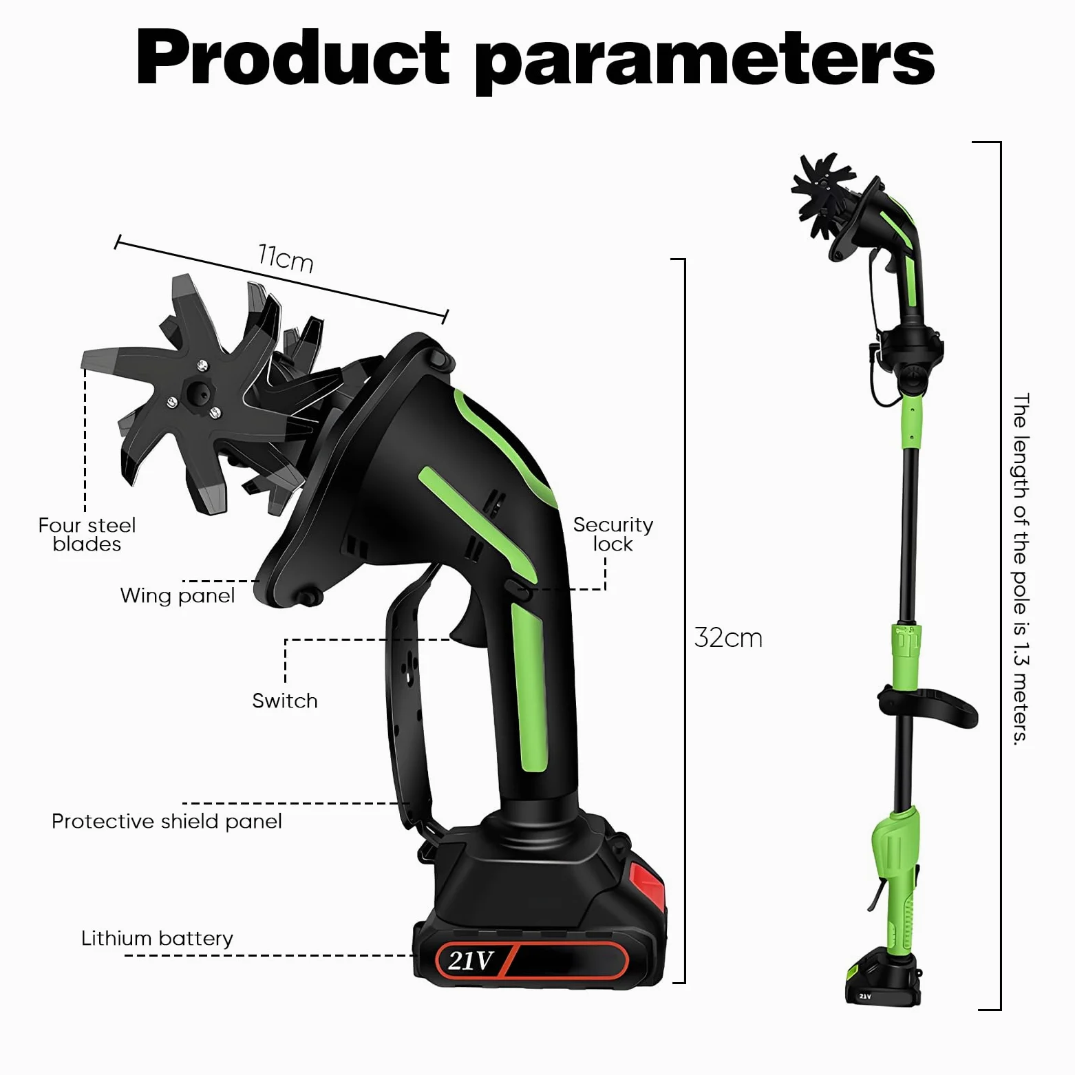 Motozappa Electrica 650 W, Mini Motozappa Batteria con Batteria 3000 mAh, Asta da 1,3 m, Larghezza di lavorazione 10 cm, Profondità di lavorazione 10 cm per allentare la Terra in giardini, orti e