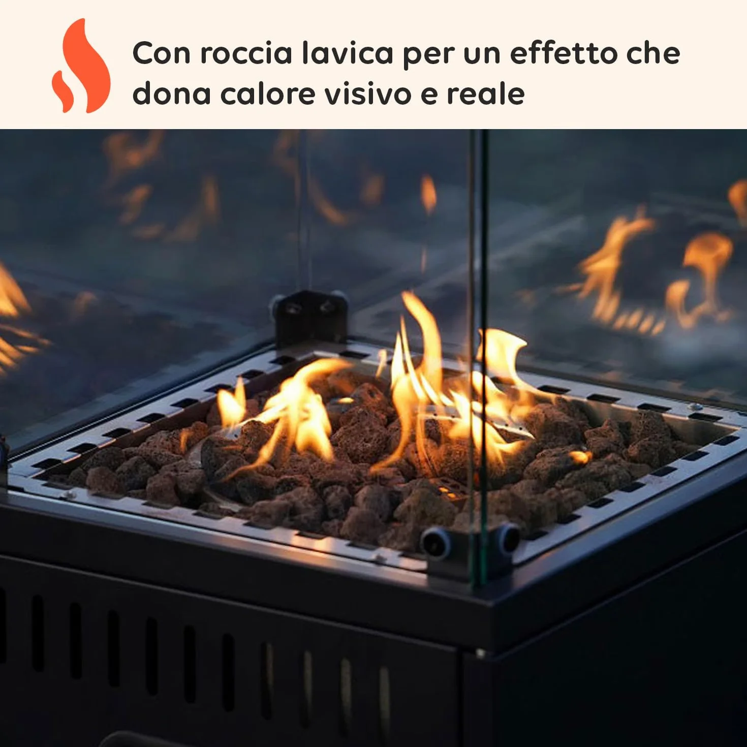 Avilia – Stufa a Gas a Caminetto da Esterno con Accensione Piezoelettrica e Roccia Lavica per Riscaldamento fino a 15 m², Camino Decorativo con Ruote Integrate e Potenza Regolabile fino a 12 kW