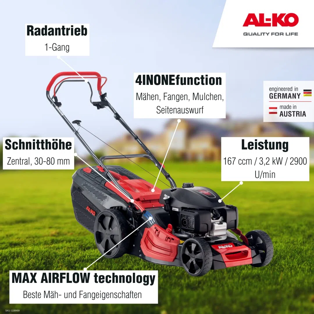 AL-KO - Tosaerba a scoppio semovente - 167cc Honda GCVx170, taglio 51cm.Taglio,Raccolta,Mulching,Scarico Laterale. Alzo Centralizzato. Cesto 70l. Ideale 1800mq