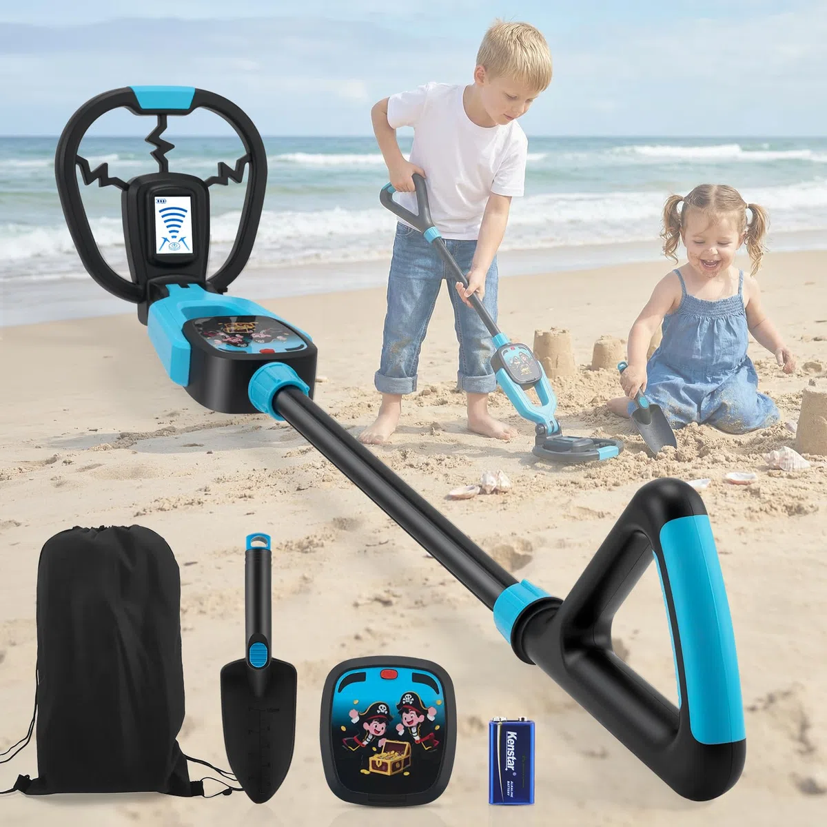 Metal Detector Bambini, Metal Detector per Bambino con Asta Regolabile 72–83 cm, Display LCD, Bobina di Ricerca Impermeabile, Ad Alta Sensibilità Metal Detector per Bambini con Borsa Pala