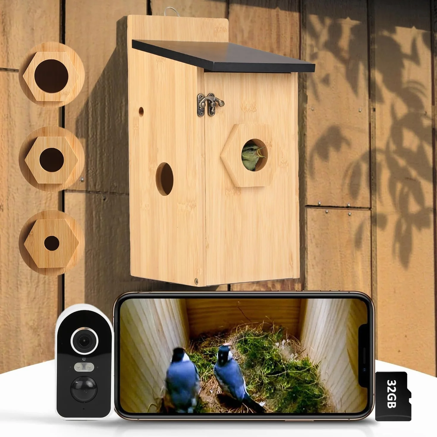 Casetta Uccelli con Telecamera HD 4MP, Nidi Uccellini da Esterno, Resistente Alle Intemperie, 2,4G WiFi e Notifica App, Osservare Nidificazione e Allevamento, Registrazione Video Automatica, A