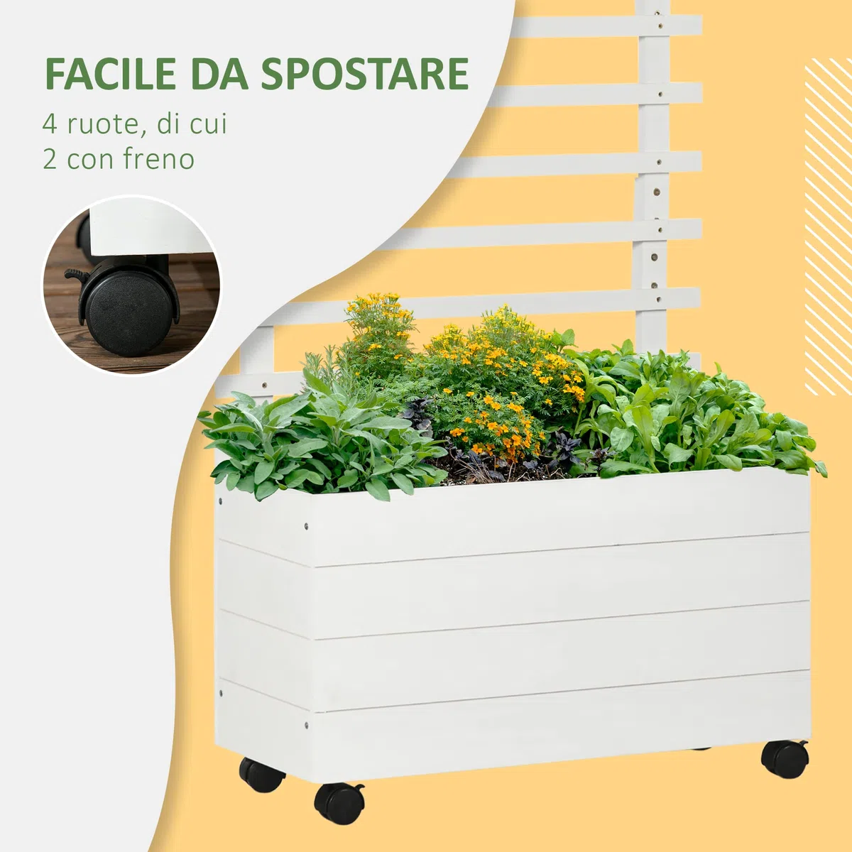 Outsunny Fioriera Rialzata Verticale con 4 Ruote e Traliccio per Piante Rampicanti in Legno di Abete, 76x30x155cm, Bianco