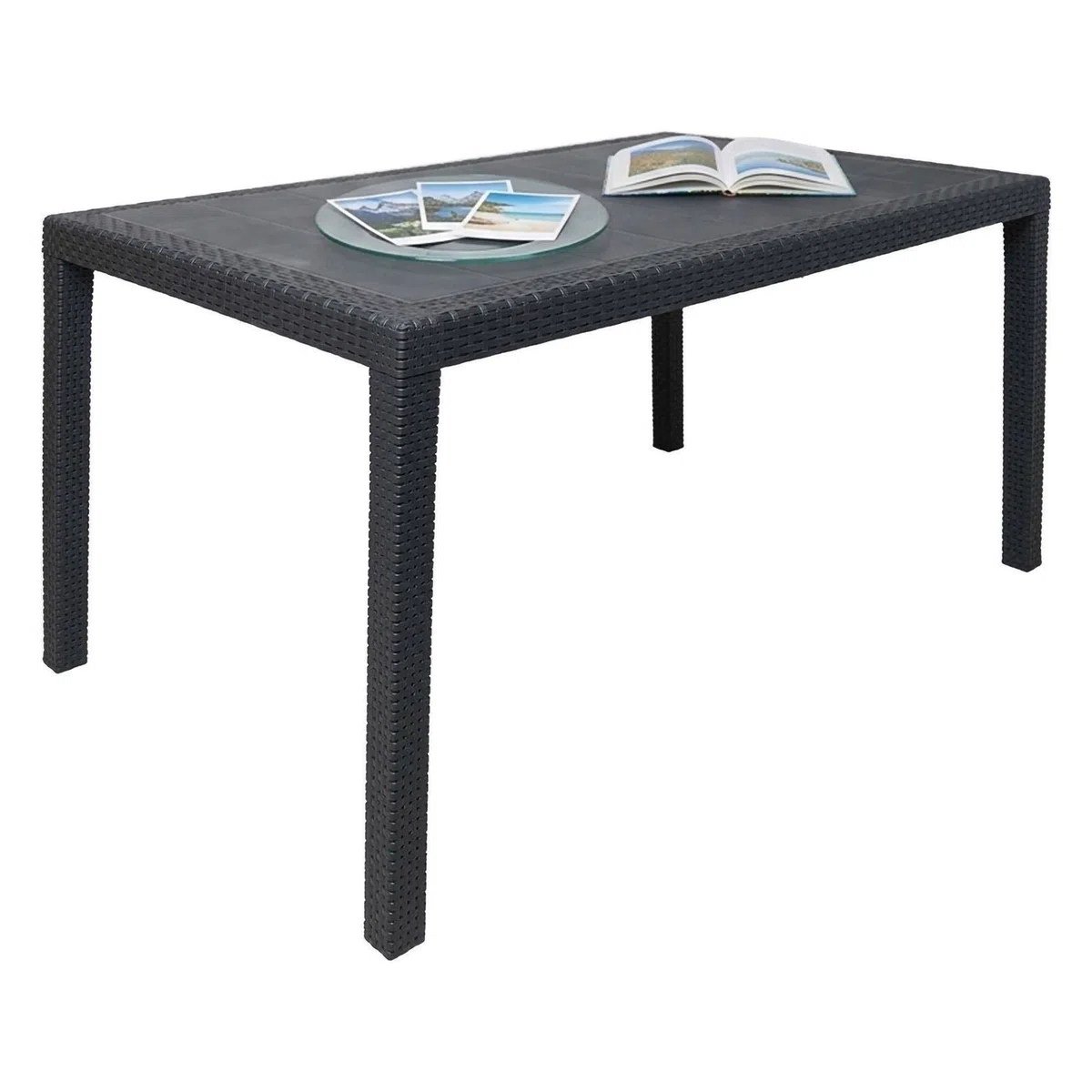 Dmora - Tavolo da esterno Portici, Ripiano rettangolare da pranzo, Tavolo da giardino multiuso effetto rattan, 100% Made in Italy, 150x90h72 cm, Antracite