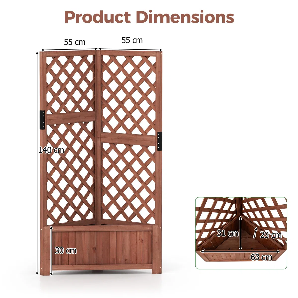 HOMASIS Fioriera con Grigliato per Rampicanti, Letto Rialzato in Legno con Vaso Angolare e Foro di Drenaggio, Fioriera da Esterno per Piante Rampicanti da Balcone, Giardino e Terrazza (Marrone)