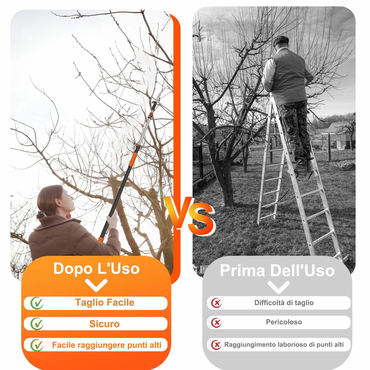 LAANPOLE Sega su Asta 3,6m, Potatore su Asta Telescopica con Asta di Estensione 1-3,6m, Potatore Manuale per Giardino, Arancione