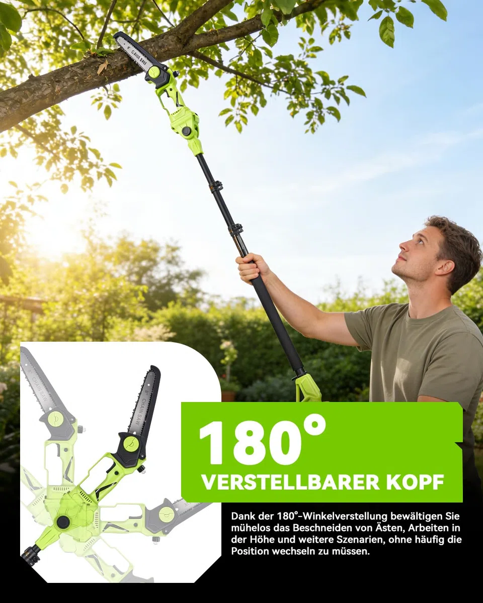 2 in 1 Potatore Telescopico a Batteria, Mini Motosega da 8 Pollici con Asta Telescopica, Potatore a Batteria con 2 Batterie da 3000 mAh, Utensili da Giardino per Potatura Alberi e Taglio Rami