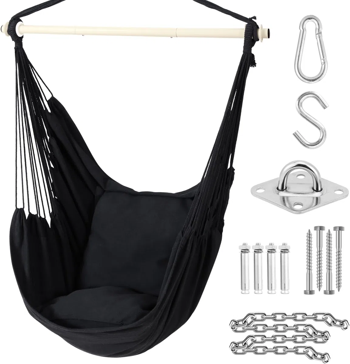Ohuhu Sedie Sospese Sedia Amaca da Giardino con 2 Cuscini e Robuste Ganci kit, Sedia ad Altalena Sedia a Dondolo Sospesa Costruzione Robusta e Resistente per Balcone, Giardino, Portante 150kg (Nero)