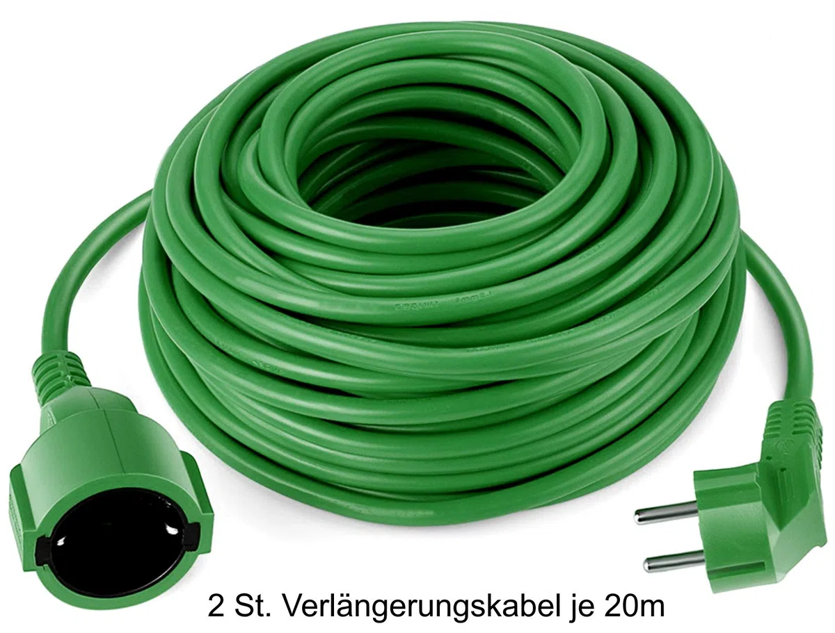 2 prolunghe Schuko, 20 m, cavo di alimentazione IP44 fino a 3500 Watt, per giardino, di alta qualità e pratico per esterni