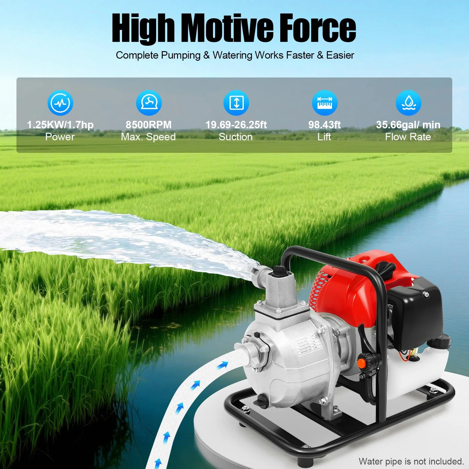 Pompa acqua benzina 1,25 kW/1,7 hp 8000 l/h 30 m, motore 2T, bottiglia olio, filtro | irrigazione/drenaggio (610 g carburante)
