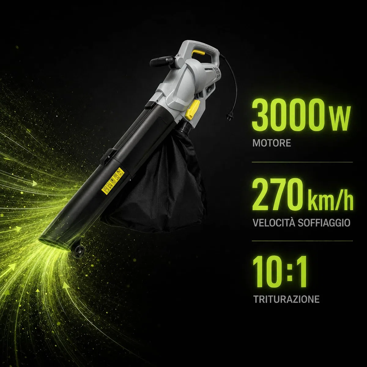 KOMBO - Soffiatore/Aspiratore 3000W con Triturazione 10:1, Velocità 270 km/h, Sacco 45L, con Ruote Guida – Per Foglie ed Erba – Alimentazione 230V – Modello KO270/2