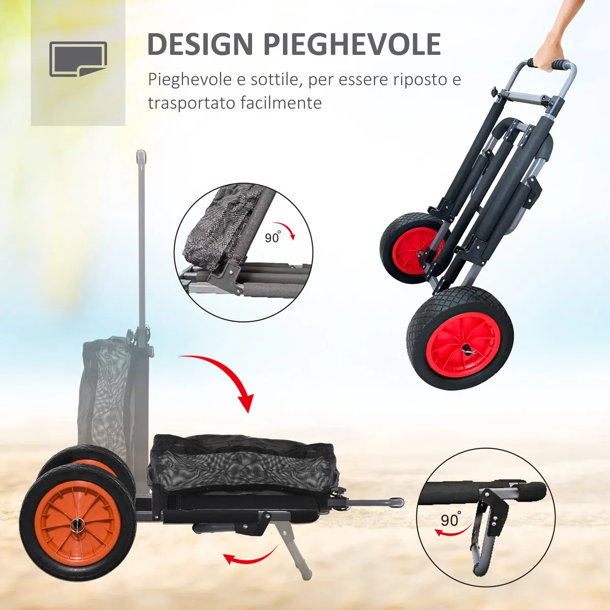 SPORTNOW Carrello da Spiaggia Pieghevole in Alluminio e PU con Tasca in Rete, Manico Telescopico e Cavalletto, 82x67x81 cm, Multicolore