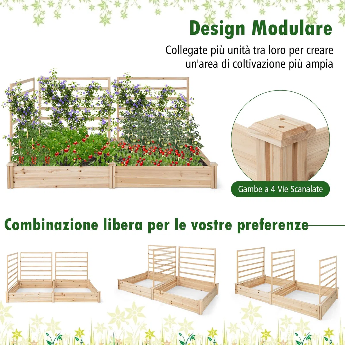 COSTWAY Letto Rialzato da Giardino con 2 Cassoni per Piantare e 3 Tralicci, Aiuola Rialzata da Giardino in Legno per Fiori, Erbe, Verdure, Frutta e Viti Rampicanti, 222 cm x 114 cm x 110 cm (Naturale)