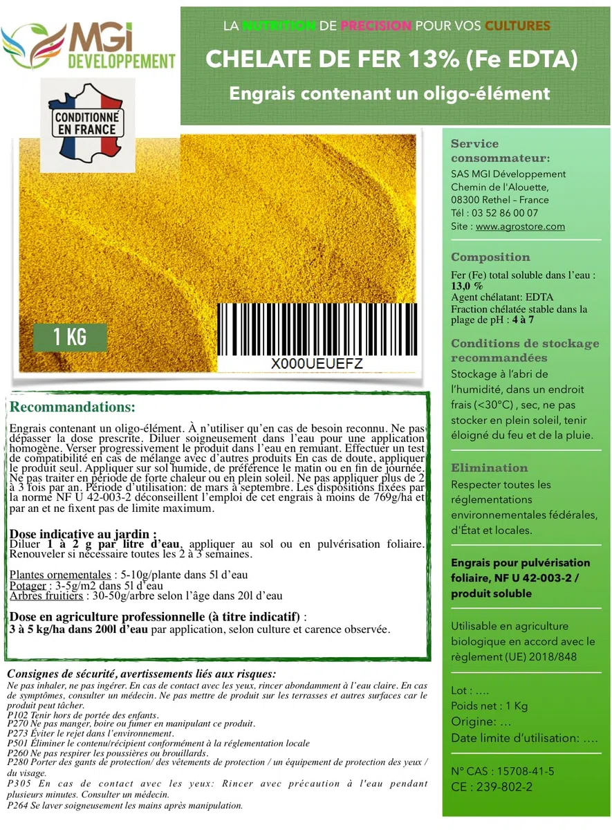 Chelato di ferro, 13% anti-clorosio, solubile, 1 kg, ideale per giardinaggio, compatibile con agricoltura biologica