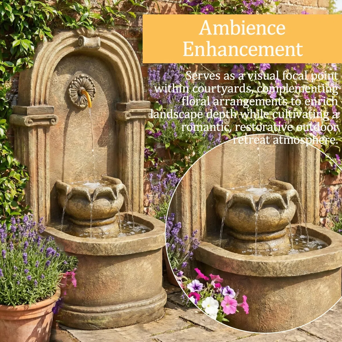 Fontana da giardino, fontana decorativa, stile antico, 230 V, gioco d'acqua per giardino, laghetto da giardino, terrazza, balcone, rubinetto, bacino, in piedi, design ad arco (marrone-1)