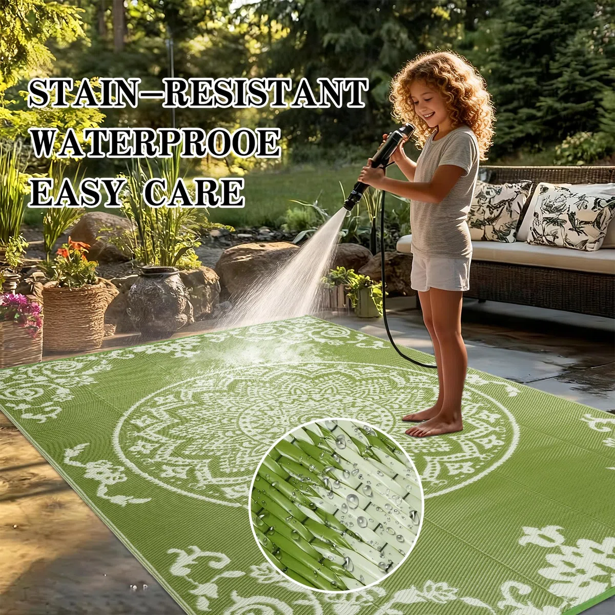 Homcomodar Tappeto per esterni, resistente alle intemperie, 180 x 270 cm, lavabile, in plastica, resistente ai raggi UV, per giardino, patio, balcone, terrazza, barbecue, piscina, cortile (erba)