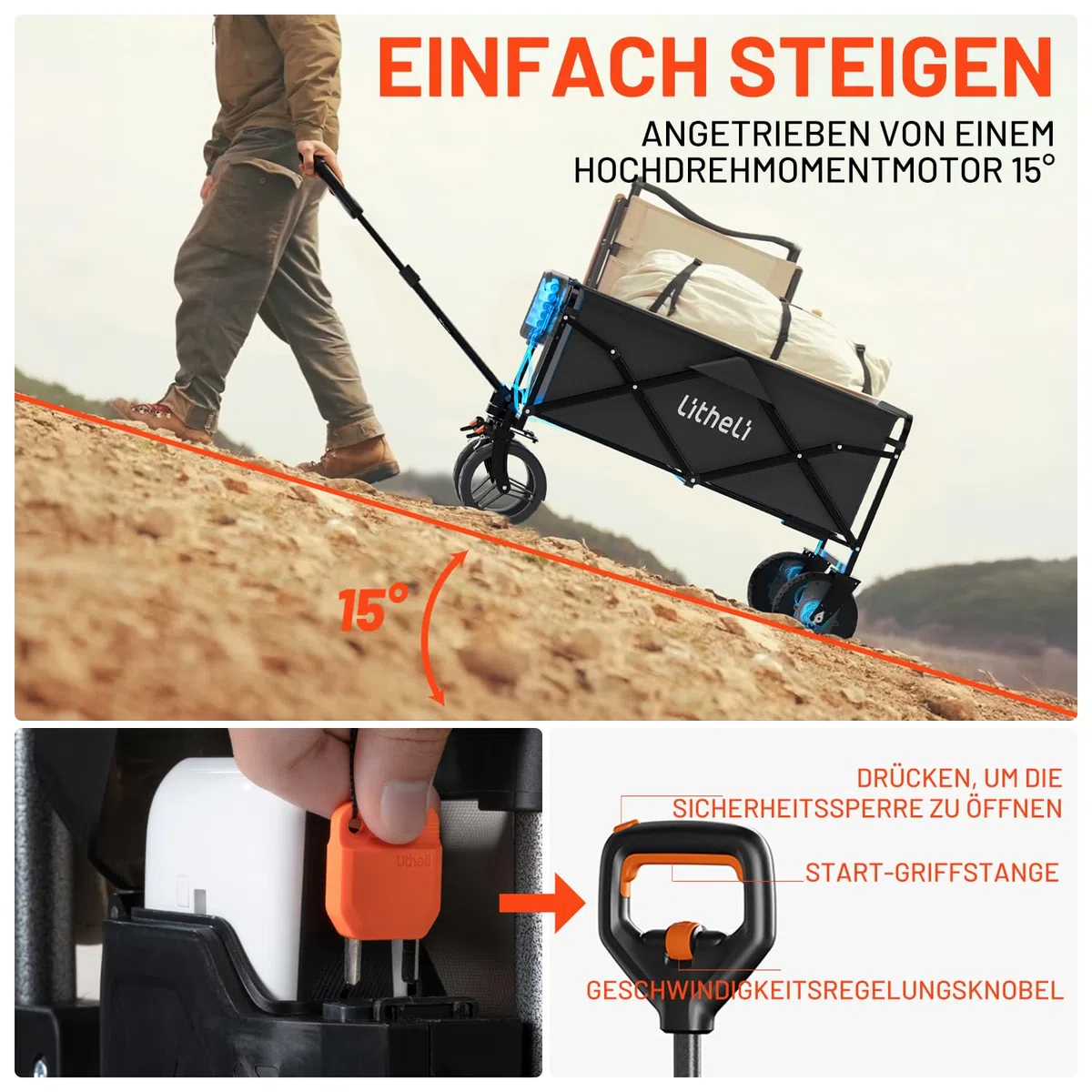 Litheli Carrello elettrico pieghevole, con motore e freni, portata 100 l, 50 kg, adatto per campeggio, giardino, spiaggia, shopping (nero, W1 Go, senza batteria)