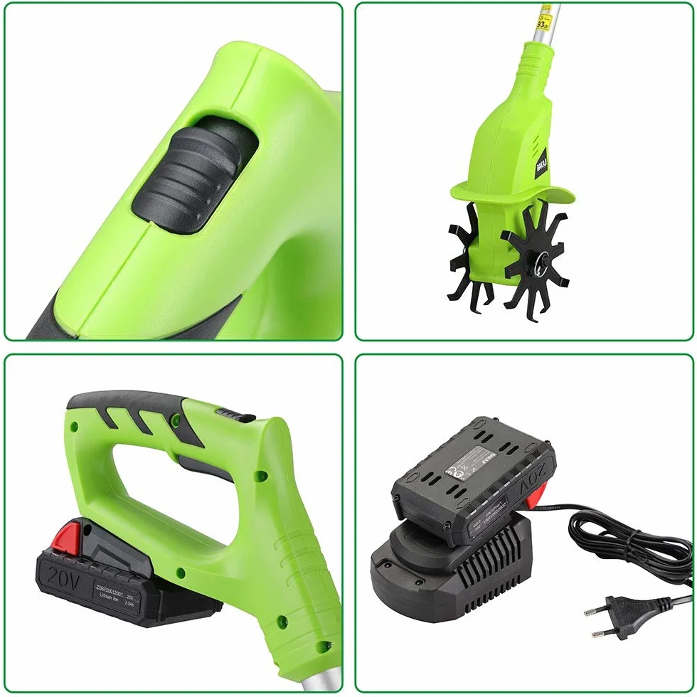 BAKAJI Motozappa per Orto Elettrozappa Batteria Litio 20V 2000 mah Zappatrice Zappa a Motore Elettrica 2 Lame da 15cm Larghezza Lavoro 10cm velocità 250RPM Manico Ergonomico Coltivazione Giardino