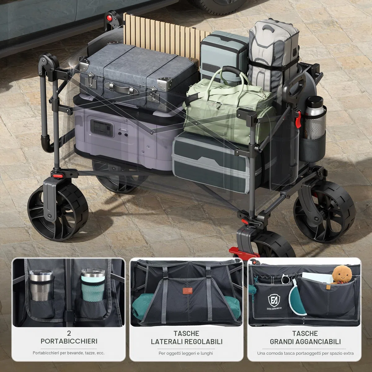 EVER ADVANCED Carrello XXL pieghevole da 225 l fino a 150 kg con freno, carrello scorrevole e tirato, pieghevole, 20 x 8 cm, ruote di larghezza per campeggio, spiaggia, shopping animali