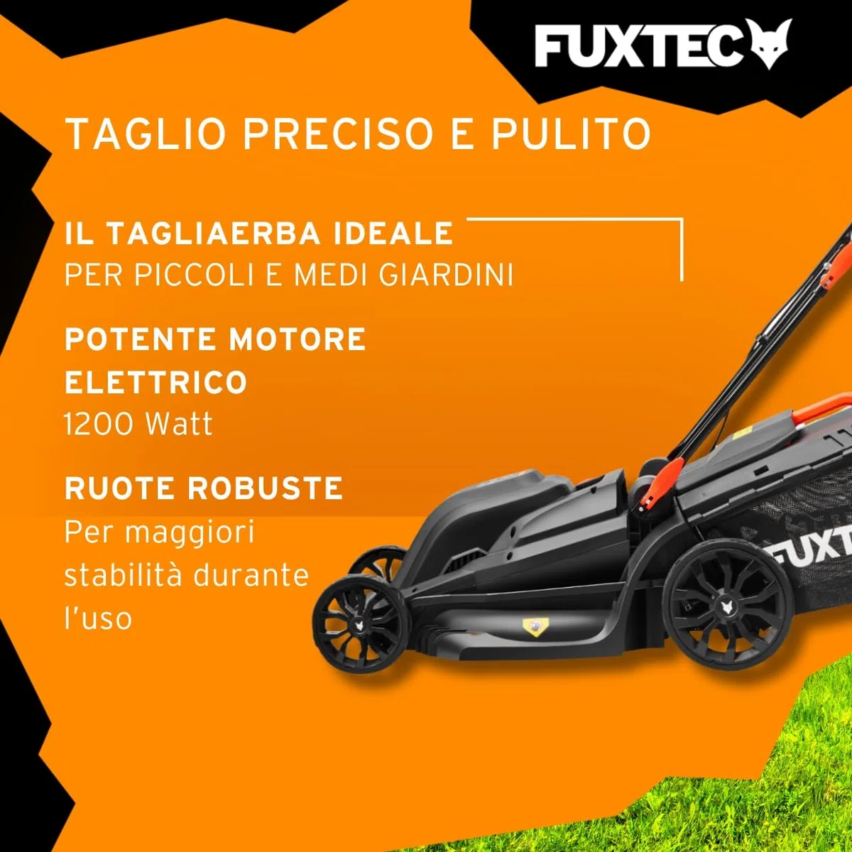 Tagliaerba Elettrico FUXTEC FX-RME43-44 cm Larghezza di Taglio, Cesto da 45 L, Altezza Regolabile 25-75 mm, Tosaerba Silenzioso ed Efficiente