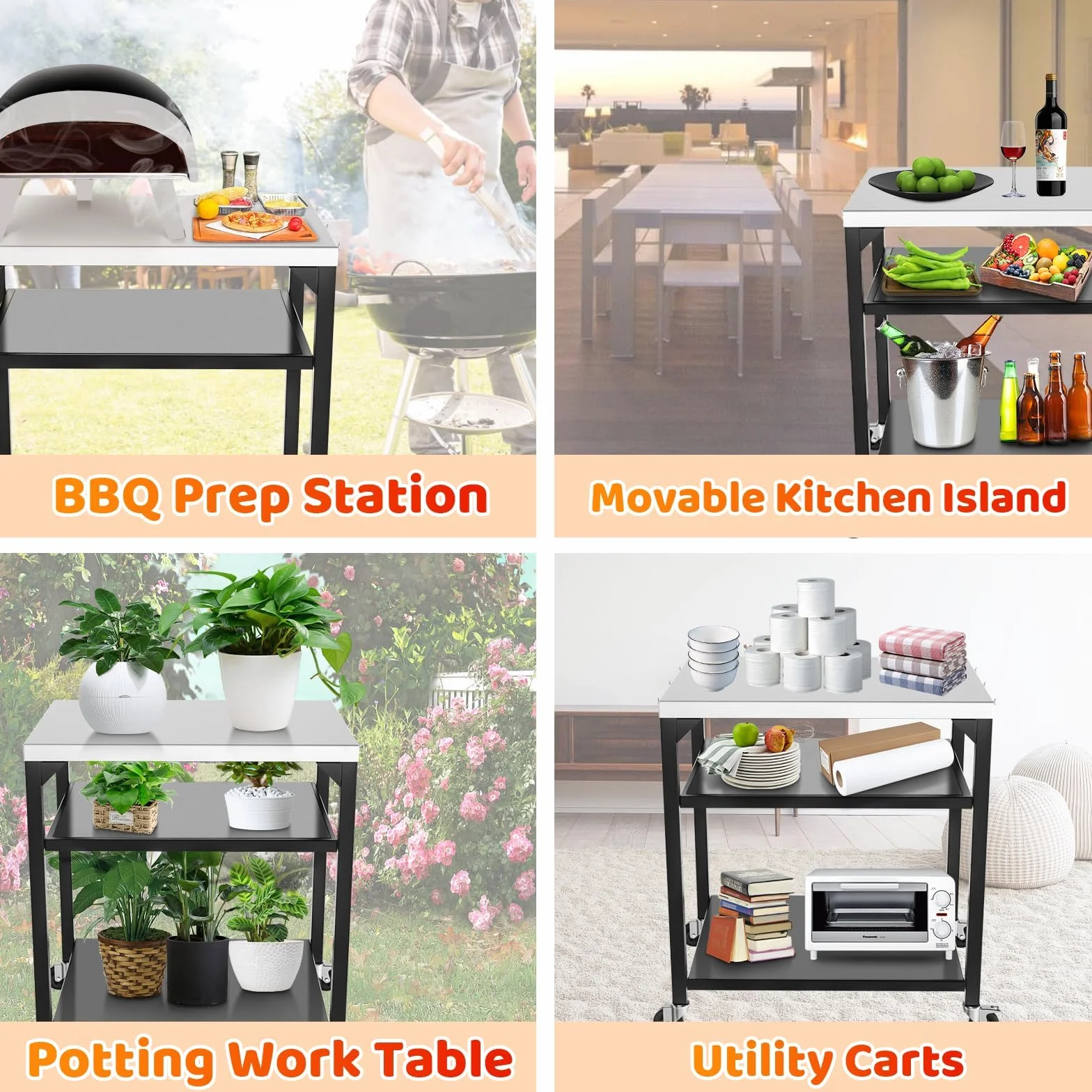 GFTIME Carrello con tavolo per forno a pizza per Ninja Woodfire, Blackstone Griddle, Weber Q, grande carrello multiuso per isola da cucina, supporto per griglia da esterno, carrello con tavolo per