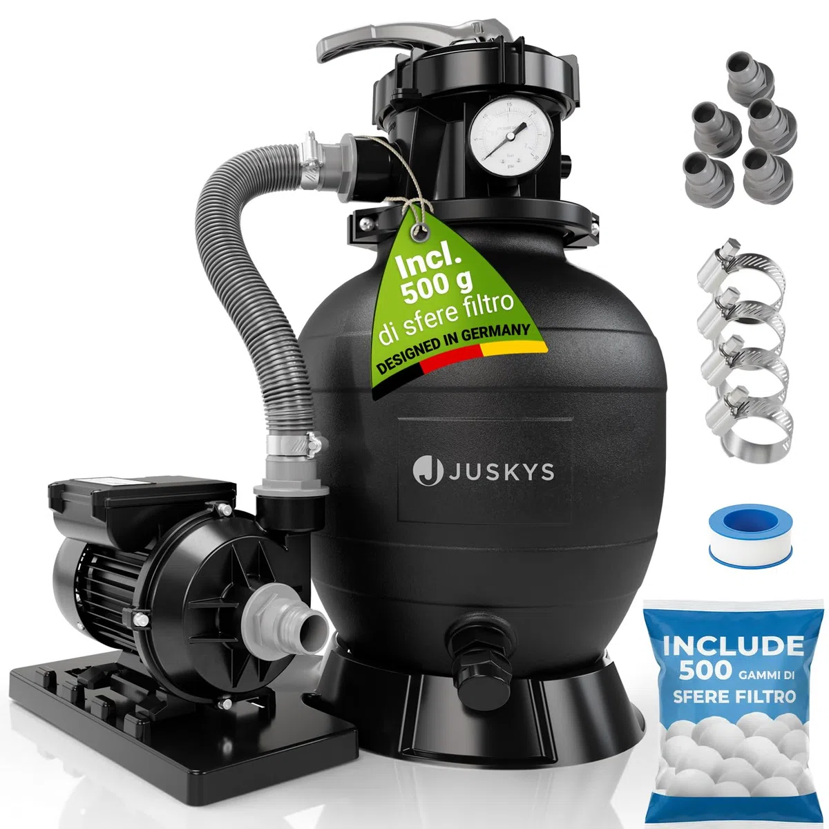 Juskys® Filtro a Sabbia 250 W - impianto Piscina ad Alte Prestazioni per 38.000 Litri, Sistema 7 Posizioni Struttura Durevole
