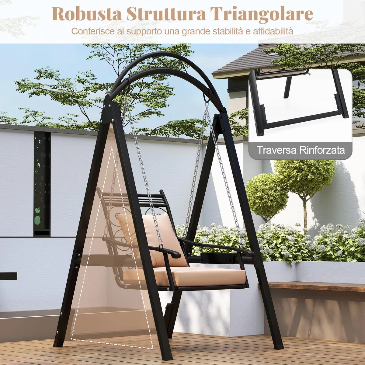 RELAX4LIFE Sedia a Dondolo Singola con Supporto, in Metallo con Cuscini Morbidi, Tavolini con Portabicchieri, Ganci e Catene, da Esterno/Interno, per Balcone Giardino (NERO)