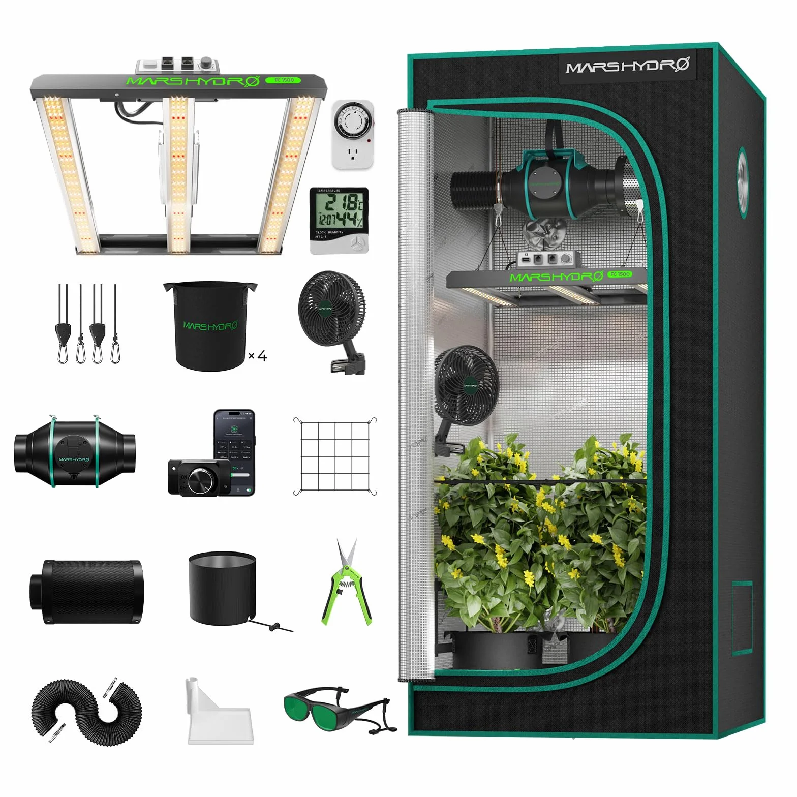 Mars Hydro FC1500 - Tenda per coltivazione intelligente, set completo per Samsung app, telecomando, 80 x 80 x 160 cm, 1680D ad alta riflessione, set completo Mylar Grow Box da 4", intelligente