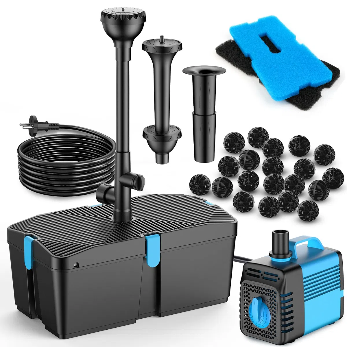 Pompa per laghetto con filtro e set fontana, 60W 3100L/H pompa da stagno e kit filtrante, sistema per laghetti esterni, filtro Koi dedicato a bassa manutenzione