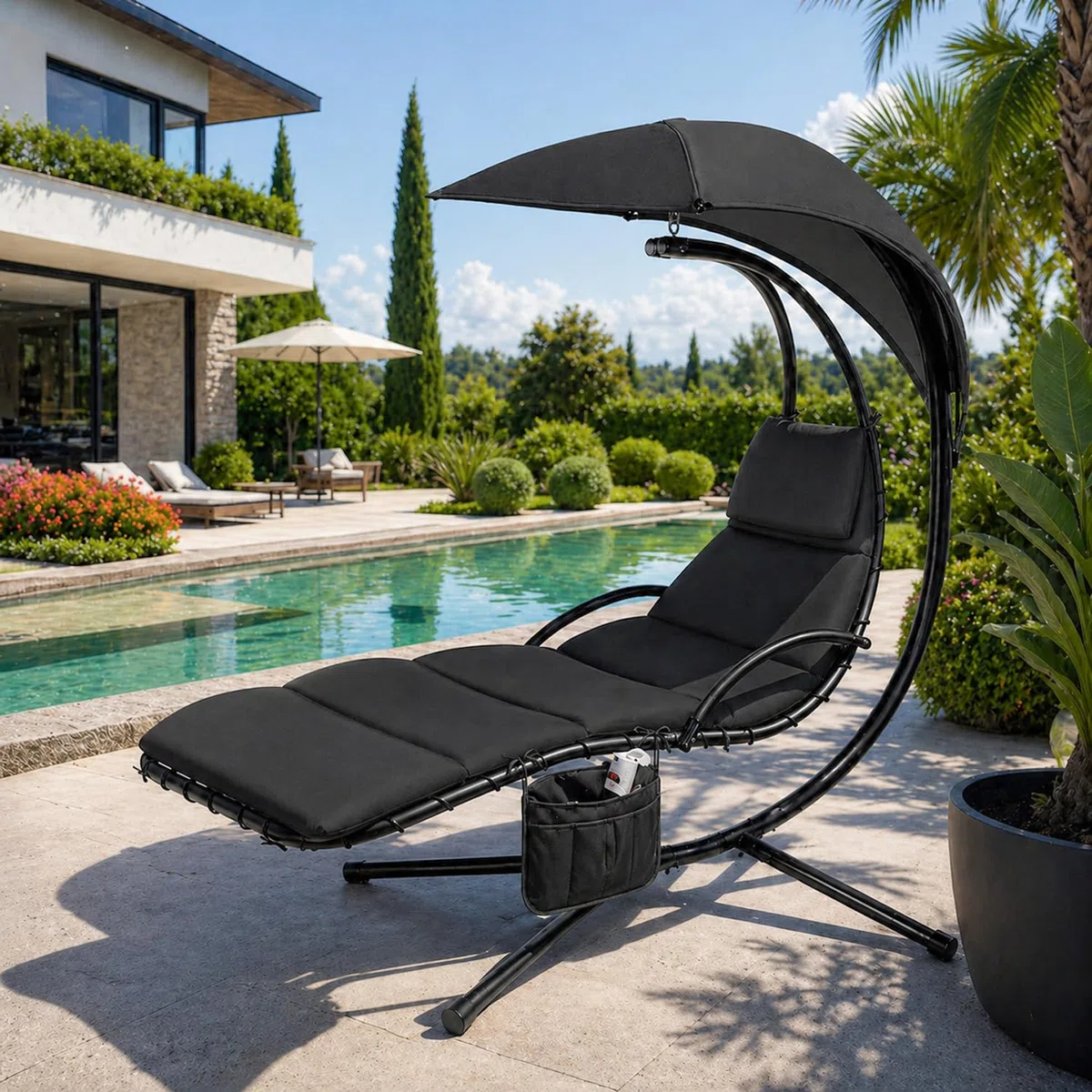 Sdraio Sospesa Con Ombrellone Parasole Integrato E Cuscino Imbottito Ergonomica Amaca Da Giardino In Acciaio E Poliestere Per Esterno Terrazzo E Bordo Piscina 195 x 132 x 197 Cm Nero