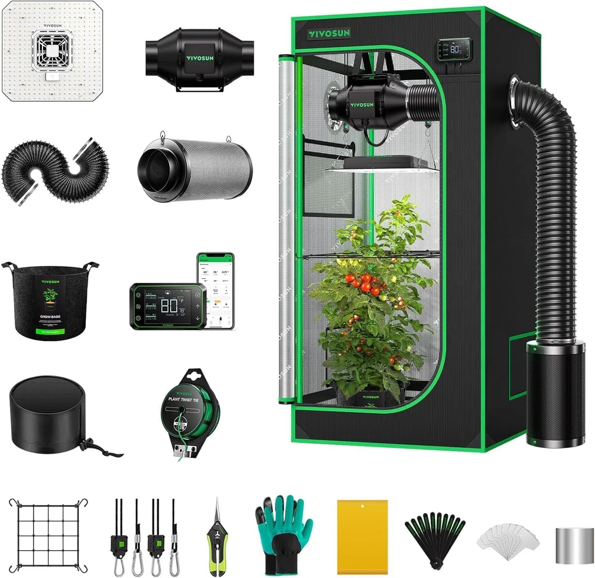 VIVOSUN Set Completo per Tenda da Grow 60x60x120cm, Lampada LED a Spettro Completo 100W, con Ventilazione Automatica e Circolazione, Kit Coltivazione Indoor con controller GrowHub E42A