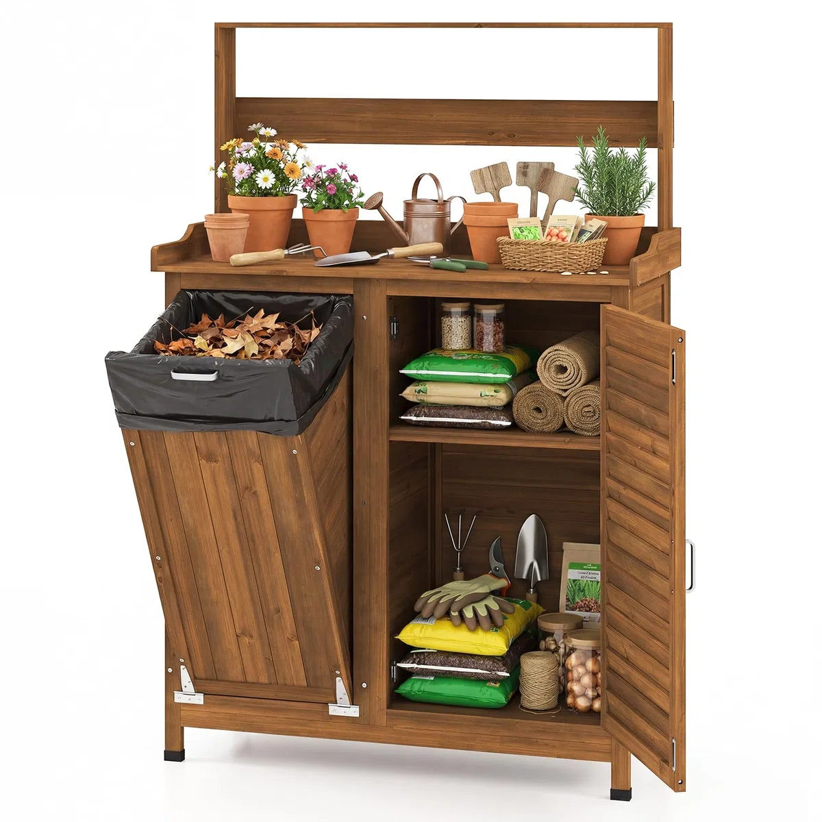 COSTWAY Tavolo da Giardinaggio, Armadietto da Esterno in Legno Massello con Ripostiglio, Ripiani Rimovibili e 2 Ante, Tavolo da Lavoro per Piante da Giardino, Prato e Cortile