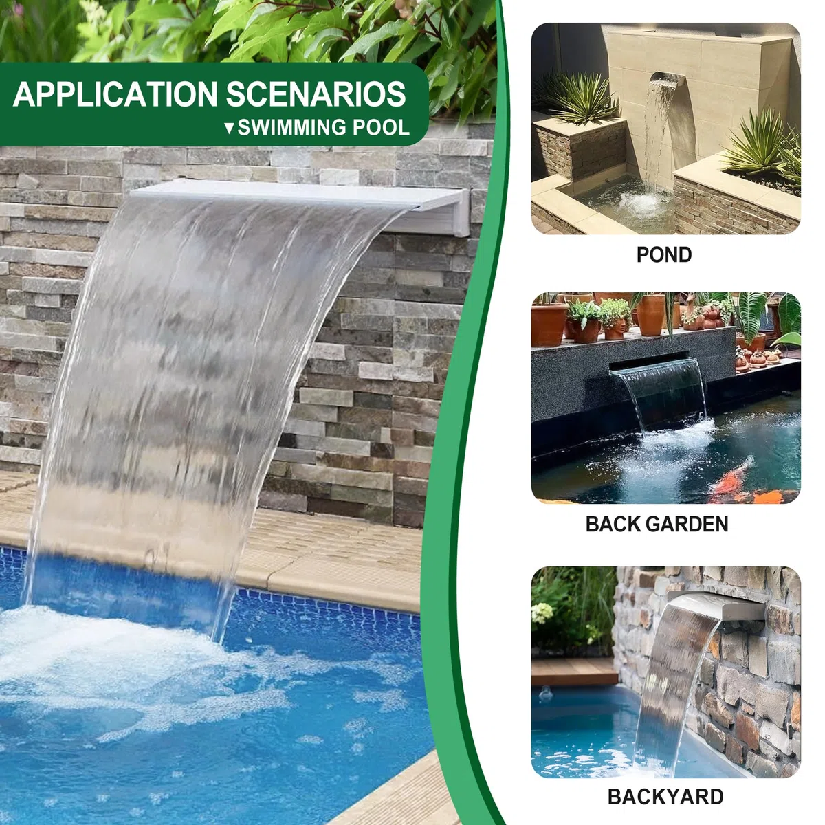 Kit con lama a cascata per laghetto, fontana da 90 cm in acciaio inox con accessori, larghezza 20 cm, fontana per giardino, patio, stagno