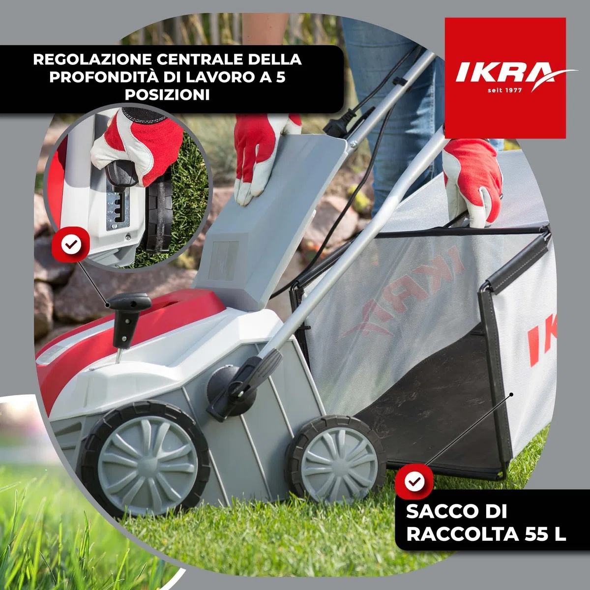 IKRA scarificatore elettrico IEVL 1840, cesto di raccolta 55 l, larghezza 40 cm, 1800W, incl. estirpatore